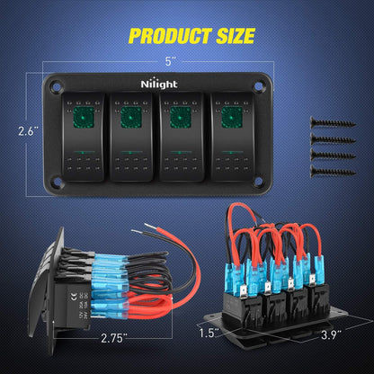 4 Gang Rocker Switch Panel 5Pin on off Toggle Switch Aluminum Holder 12V 24V Dash Pre-Wired Green Backlit Switches for Automotive Cars Marine Boats Rvs Truck