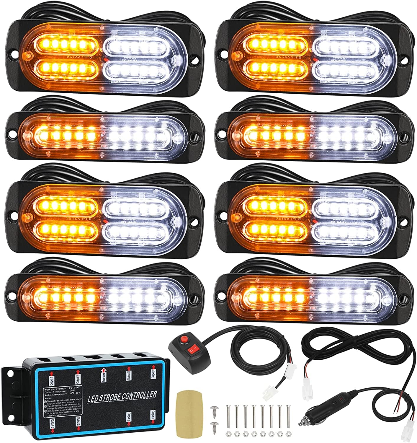 8Pcs Ultra Slim Sync Feature Car Truck Surface Mount Emergency Hazard Warning Strobe Light with Strobe Controller and Wiring Harness (Amber & White)