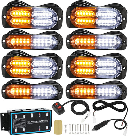 8Pcs Ultra Slim Sync Feature Car Truck Surface Mount Emergency Hazard Warning Strobe Light with Strobe Controller and Wiring Harness (Amber & White)