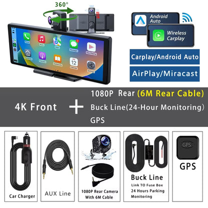 10.26" Dash Cam 4K 2160P Carplay & Android Auto Car DVR Video Drive Recorder Stream Dahscam 360 ° Rotation Camera 5G Wifi GPS FM