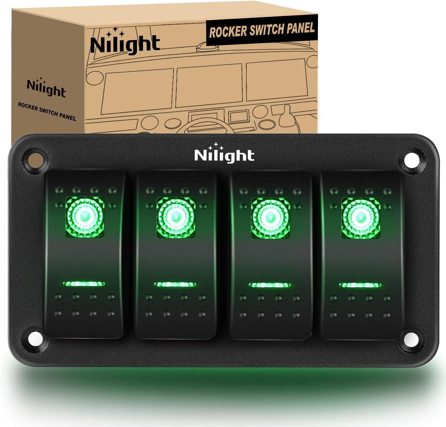 4 Gang Rocker Switch Panel 5Pin on off Toggle Switch Aluminum Holder 12V 24V Dash Pre-Wired Green Backlit Switches for Automotive Cars Marine Boats Rvs Truck