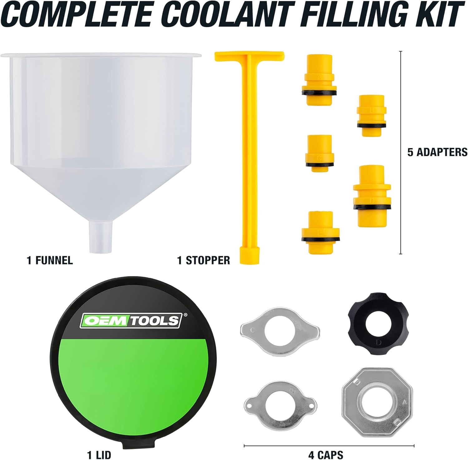 87009 No-Spill Coolant Filling Plastic Funnel Kit | Universal Radiator Funnel for Auto Mechanics | Adapters Help Funnel Fit the Radiator of Most Every Consumer Vehicle | White