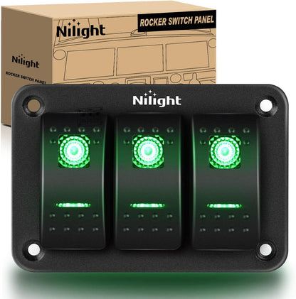 3 Gang Aluminum Rocker Switch Panel Toggle Dash 5 Pin On/Off Pre-Wired Rocker Switch Greenbacklit Switch for Automotive Cars Marine Boats Rvs, Green (90127C)