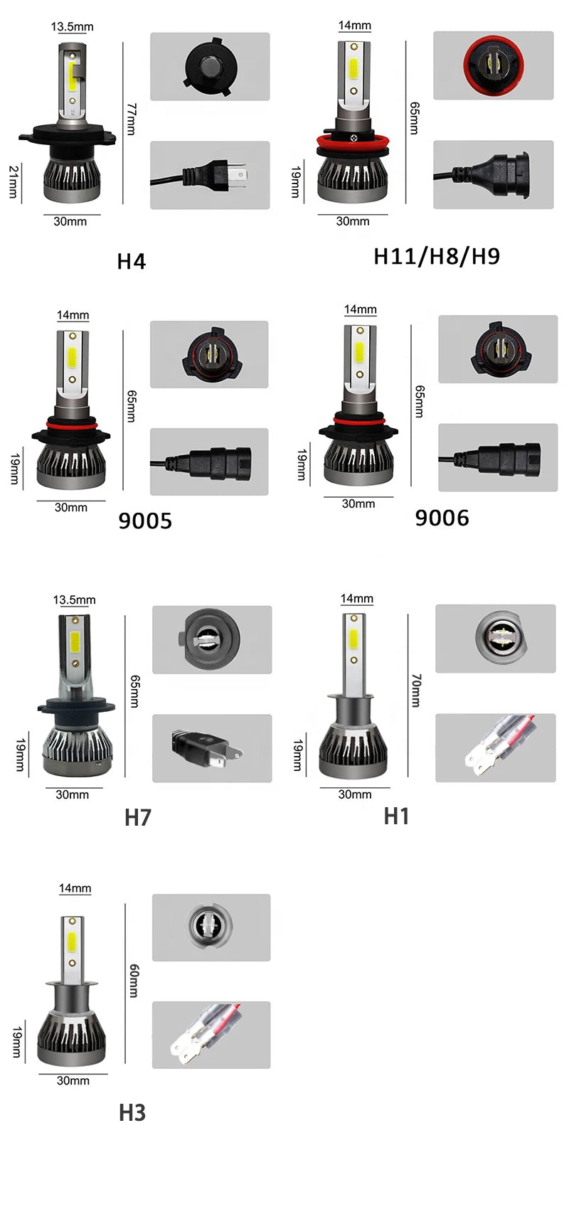 2Pcs/Pair Mini Lights Auto H7 LED H4 Bulb H3 H8 H9 H11 9005 9006 9012 6000LM Car Headlight H1 6000K Auto Fog Light 12V LED Bulb