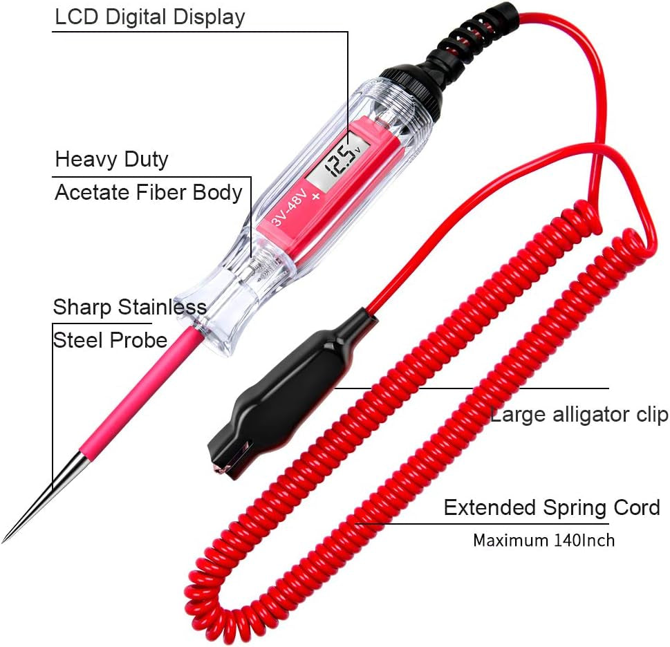 Heavy Duty 3-48V Digital LCD Display Circuit Tester with 140 Inch Extended Spring Wire,Car Truck Vehicles Low Voltage Tester,Automotive Test Light with Stainless Probe