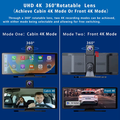 10.26" Dash Cam 4K 2160P Carplay & Android Auto Car DVR Video Drive Recorder Stream Dahscam 360 ° Rotation Camera 5G Wifi GPS FM