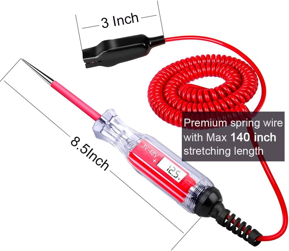 Heavy Duty 3-48V Digital LCD Display Circuit Tester with 140 Inch Extended Spring Wire,Car Truck Vehicles Low Voltage Tester,Automotive Test Light with Stainless Probe