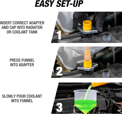 87009 No-Spill Coolant Filling Plastic Funnel Kit | Universal Radiator Funnel for Auto Mechanics | Adapters Help Funnel Fit the Radiator of Most Every Consumer Vehicle | White