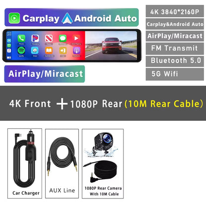 11.26" 4K 2160P Car Dvr Carplay Android Auto Dash Cam GPS WIFI BT FM Stream Rear View Mirror Dashcam Dvrs Camera Drive Recorder