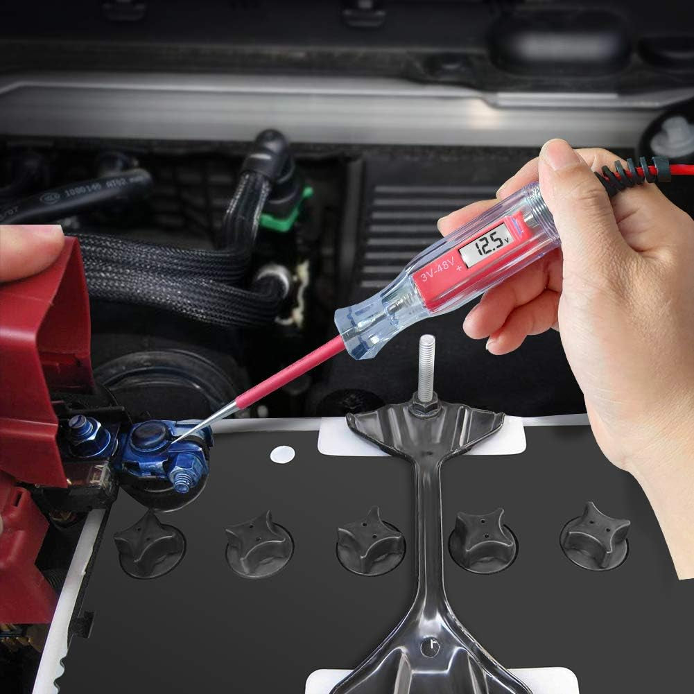 Heavy Duty 3-48V Digital LCD Display Circuit Tester with 140 Inch Extended Spring Wire,Car Truck Vehicles Low Voltage Tester,Automotive Test Light with Stainless Probe