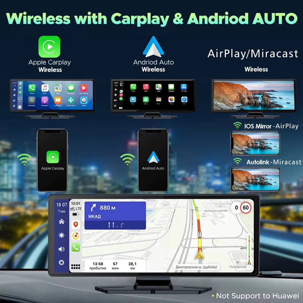 10.26" Dash Cam 4K 2160P Carplay & Android Auto Car DVR Video Drive Recorder Stream Dahscam 360 ° Rotation Camera 5G Wifi GPS FM