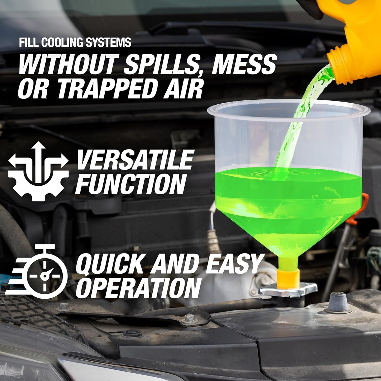 87009 No-Spill Coolant Filling Plastic Funnel Kit | Universal Radiator Funnel for Auto Mechanics | Adapters Help Funnel Fit the Radiator of Most Every Consumer Vehicle | White