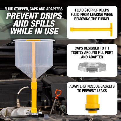 87009 No-Spill Coolant Filling Plastic Funnel Kit | Universal Radiator Funnel for Auto Mechanics | Adapters Help Funnel Fit the Radiator of Most Every Consumer Vehicle | White