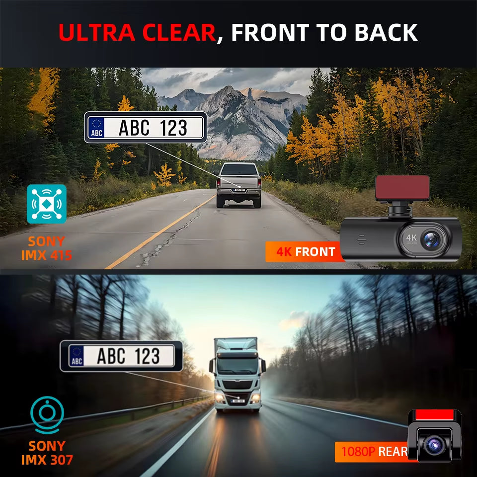 Dash Cam UHD 4K for Car Camera Night Vision with GPS Wifi 24H Parking Loop Record 4K Front and 1080P Rear Dual Lens