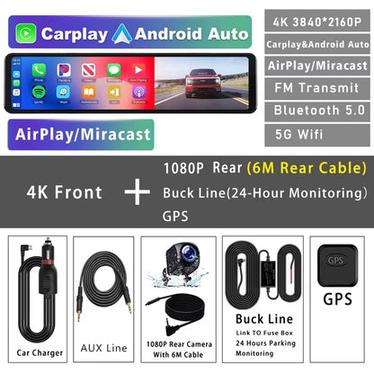 11.26" 4K 2160P Car Dvr Carplay Android Auto Dash Cam GPS WIFI BT FM Stream Rear View Mirror Dashcam Dvrs Camera Drive Recorder