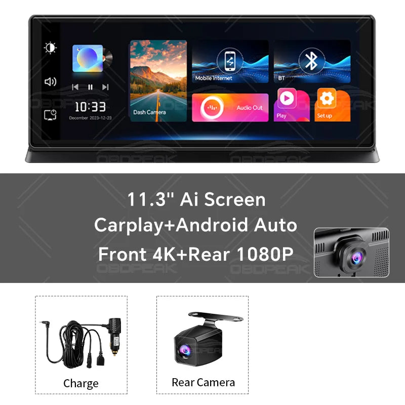 K2 Pro Carplay & Android Auto Dash Cam 11.3" Rearview Camera DVR 4K 2160P GPS Navigation Video Recorder Dashboard Reverse Image