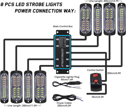 8Pcs Ultra Slim Sync Feature Car Truck Surface Mount Emergency Hazard Warning Strobe Light with Strobe Controller and Wiring Harness (Amber & White)