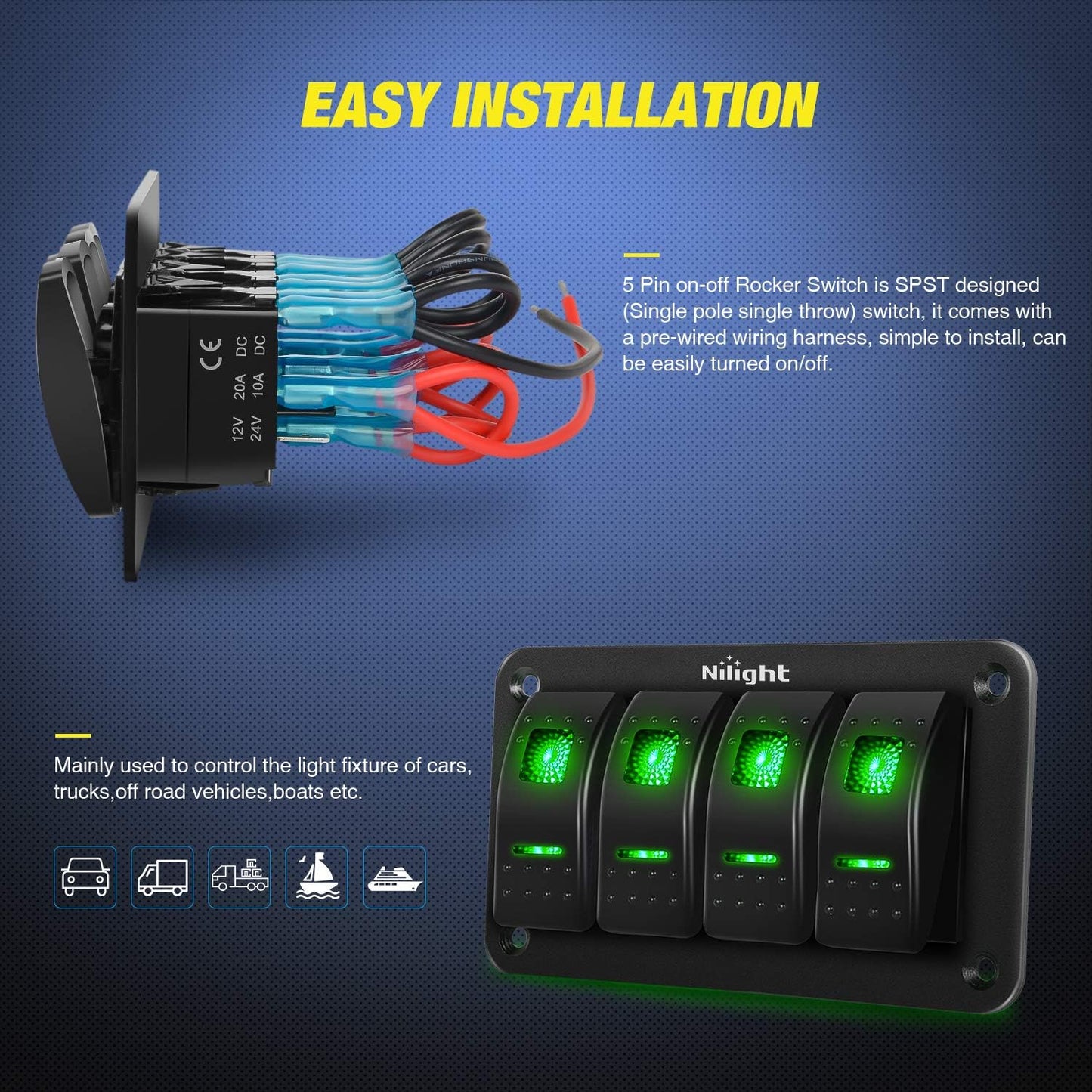 4 Gang Rocker Switch Panel 5Pin on off Toggle Switch Aluminum Holder 12V 24V Dash Pre-Wired Green Backlit Switches for Automotive Cars Marine Boats Rvs Truck